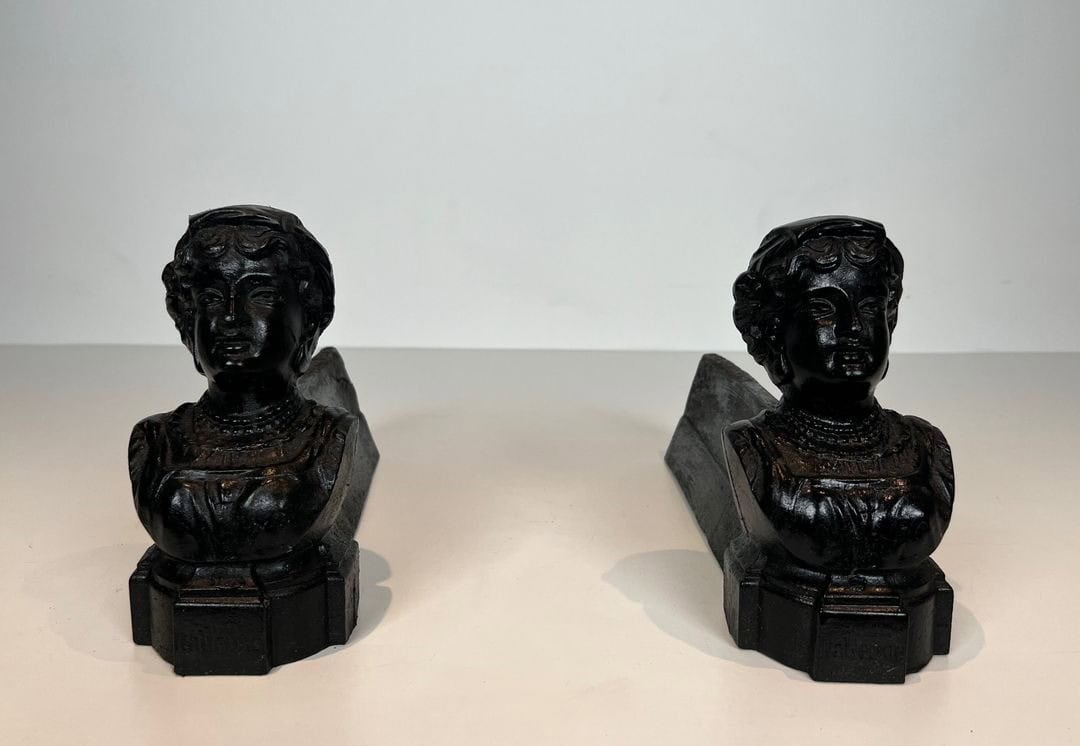 French Figural Cast Iron Andirons - Front Pair View - Styylish