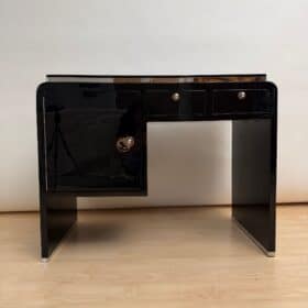 Small Art Deco Desk, Black Lacquer, Nickel, Bird's-Eye Maple, France, circa 1930