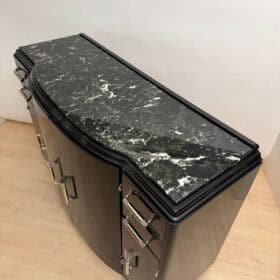 Art Deco Sideboard, Black Lacquer, Nickel, Marble, Mahogany, France, circa 1930