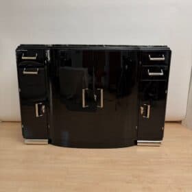 Art Deco Sideboard, Black Lacquer, Nickel, Marble, Mahogany, France, circa 1930
