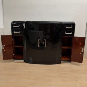 Art Deco Sideboard, Black Lacquer, Nickel, Marble, Mahogany, France, circa 1930