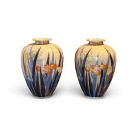 Pair of Fukagawa Seiji Porcelain Iris Vases, Arita, Japan, circa 1905-20