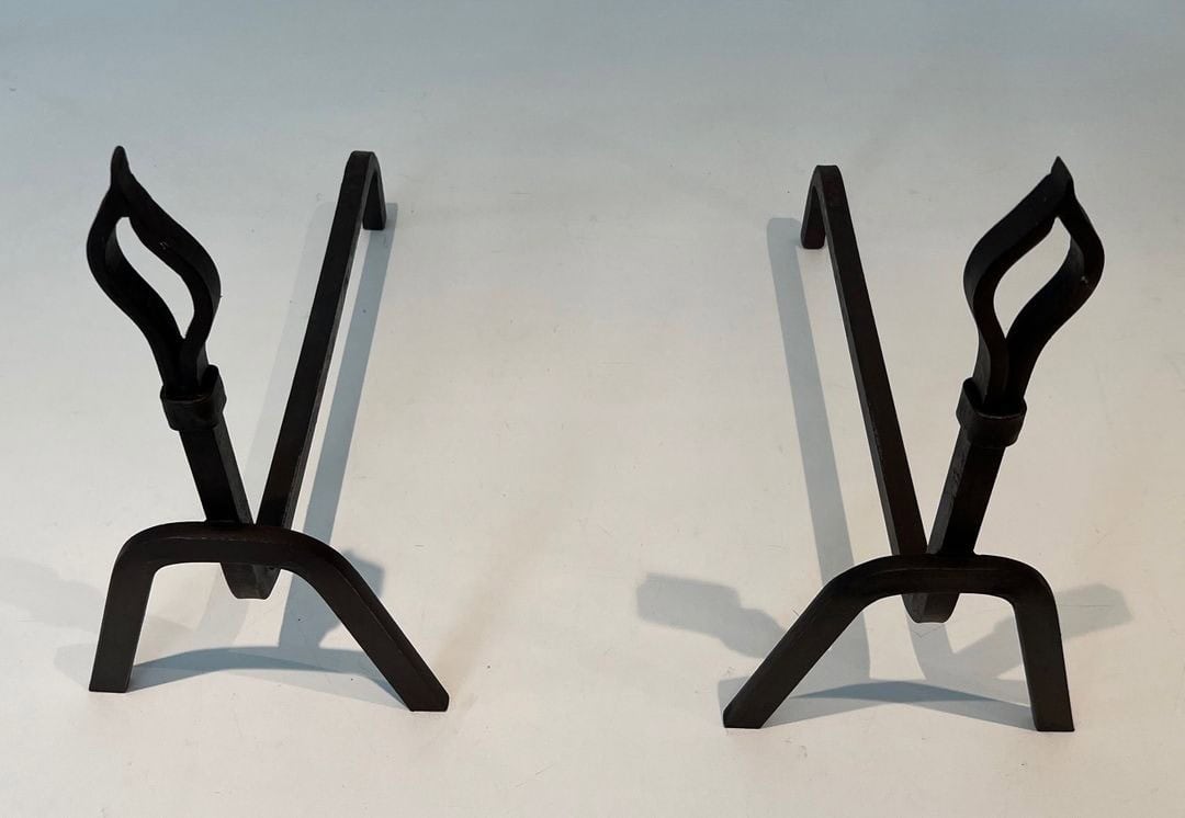 French Modernist Wrought Iron Andirons - Top View - Styylish