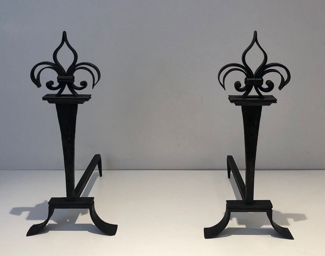 French Wrought Iron Fleur-de-Lys Andirons - Front View - Styylish