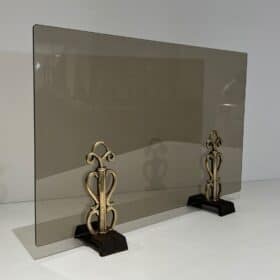 French Smoked Glass and Bronze Fireplace Screen