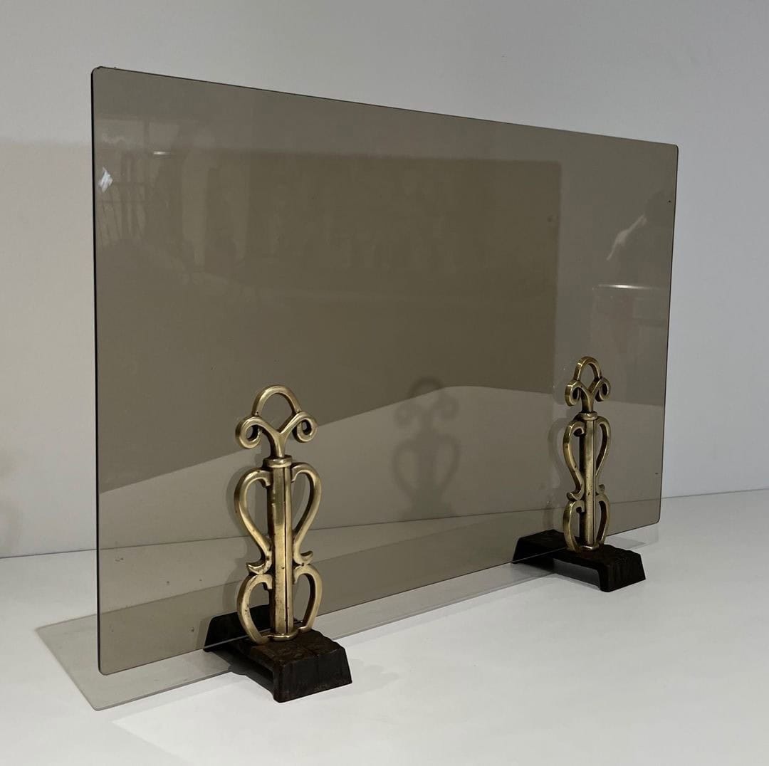 French Smoked Glass Fireplace Screen - Angled View - Styylish