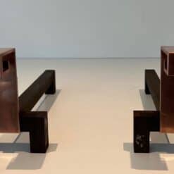 French Sculptural Iron and Copper Andirons - Front Pair View - Styylish