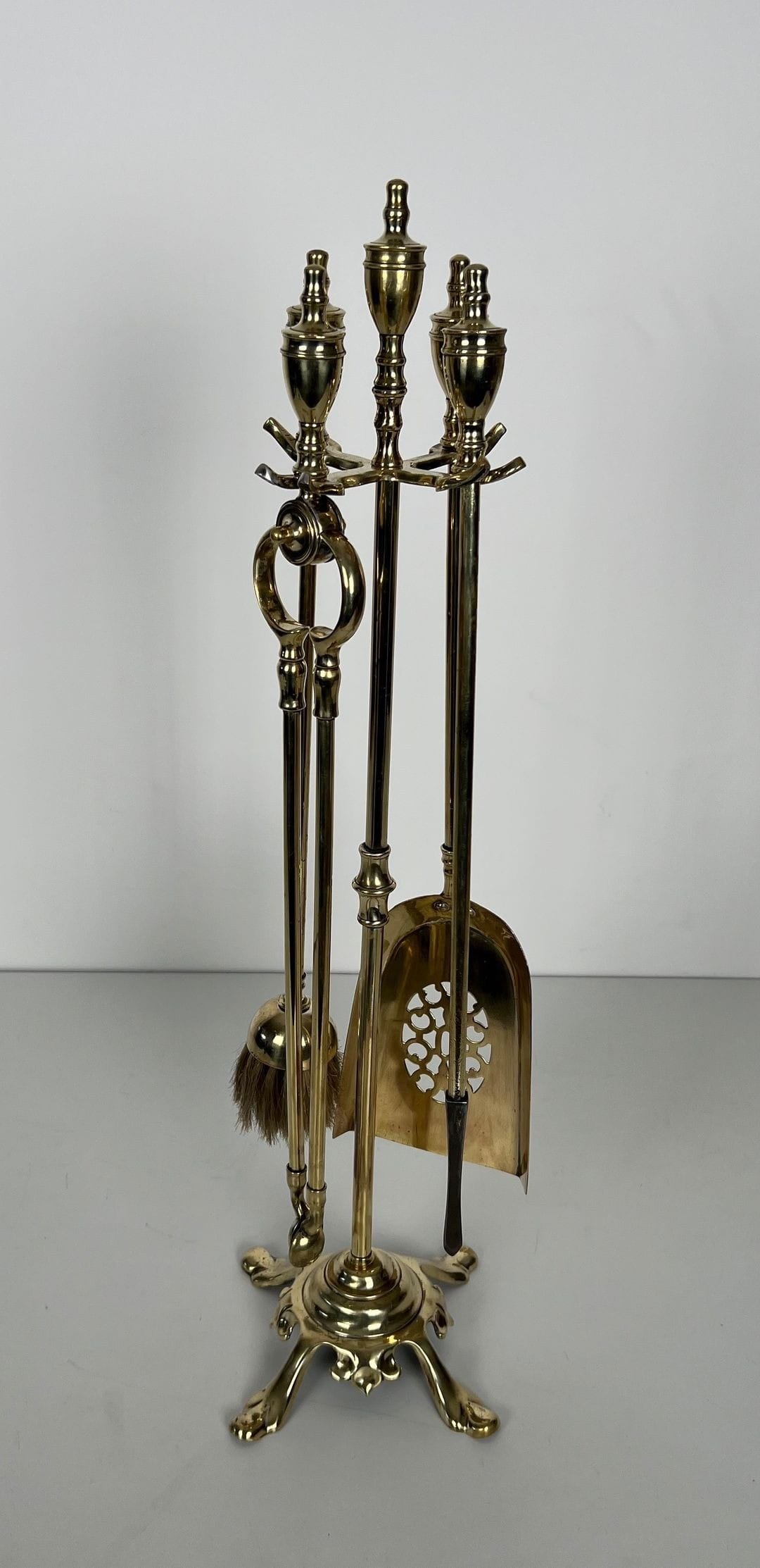 French Neoclassical Brass Fireplace Companion Set - Front View - Styylish