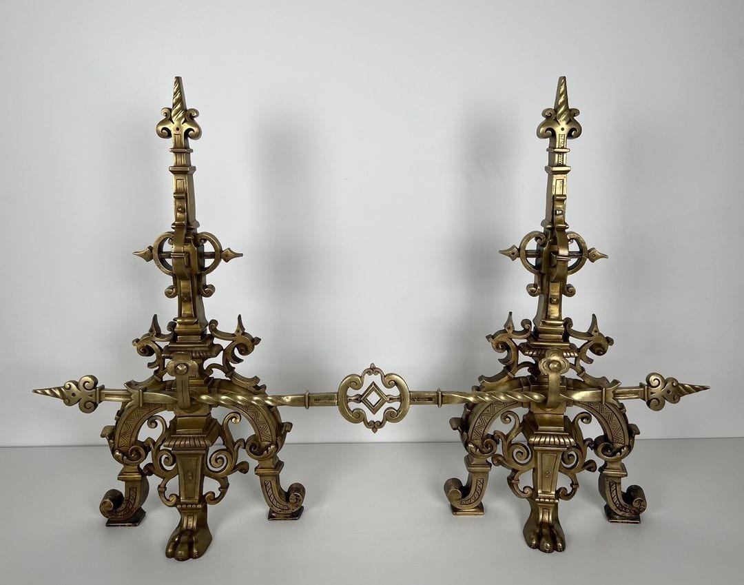 French Neo-Renaissance Bronze Fireplace Andirons - Front View - Styylish