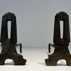 French Modernist Cast Iron Andirons - Front View - Styylish