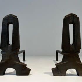 French Modernist Cast Iron Andirons