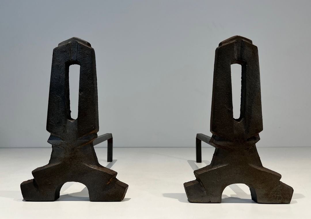 French Modernist Cast Iron Andirons - Front View - Styylish
