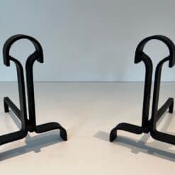 French Wrought Iron Andirons in Geometric Modernist Style - Angled View - Styylish