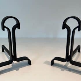 French Wrought Iron Andirons in Geometric Modernist Style