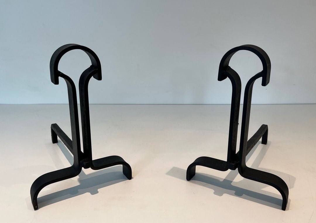 French Wrought Iron Andirons in Geometric Modernist Style - Angled View - Styylish