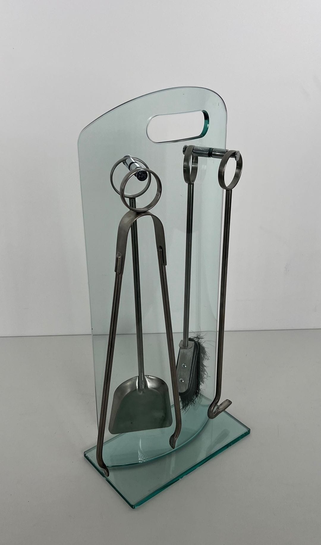 1970s French Tempered Glass Fireplace Companion Set - Angled View - Styylish
