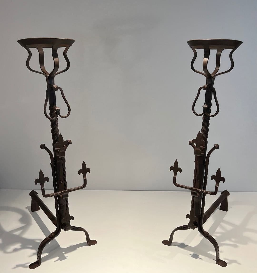 French Gothic Revival Landiers with Fleur-de-Lys - Pair View - Styylish