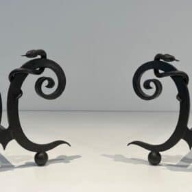 Pair of Art Deco Wrought Iron Serpent Andirons in the Style of Edgar Brandt