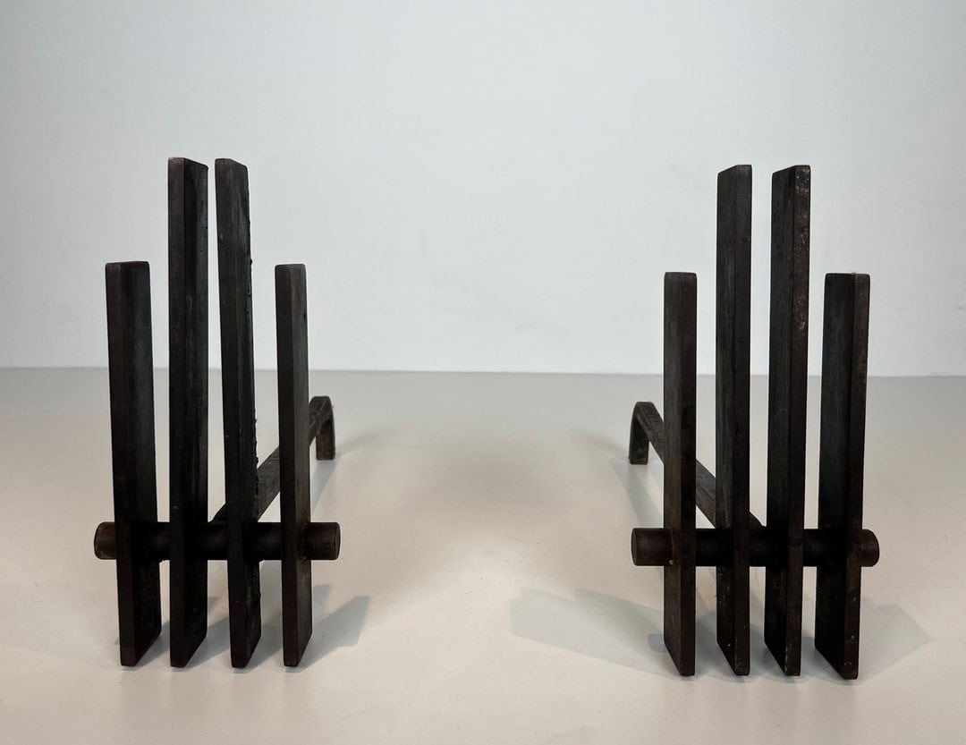 French Brutalist Steel Andirons, Mid-Century, 1950s - Image 2