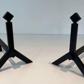 French Modernist Black Iron Andirons
