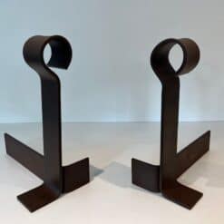 French Modernist Wrought Iron Andirons - Angled Front View - Styylish