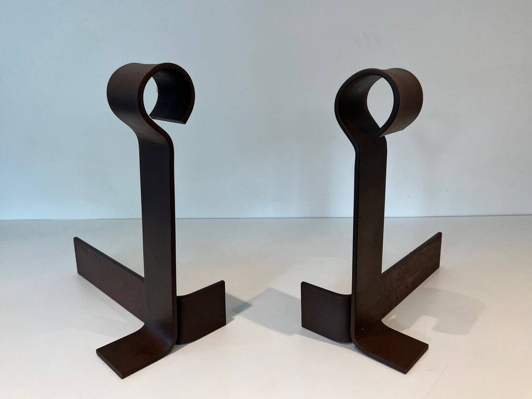 French Modernist Wrought Iron Andirons - Angled Front View - Styylish