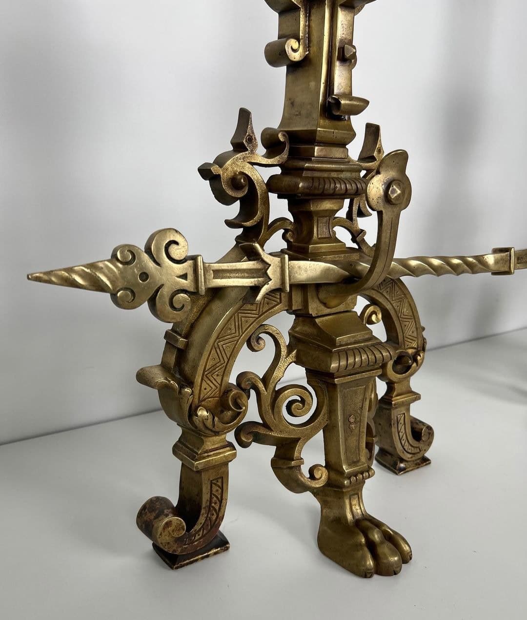 French Neo-Renaissance Bronze Fireplace Andirons - Base Detail Two - Styylish