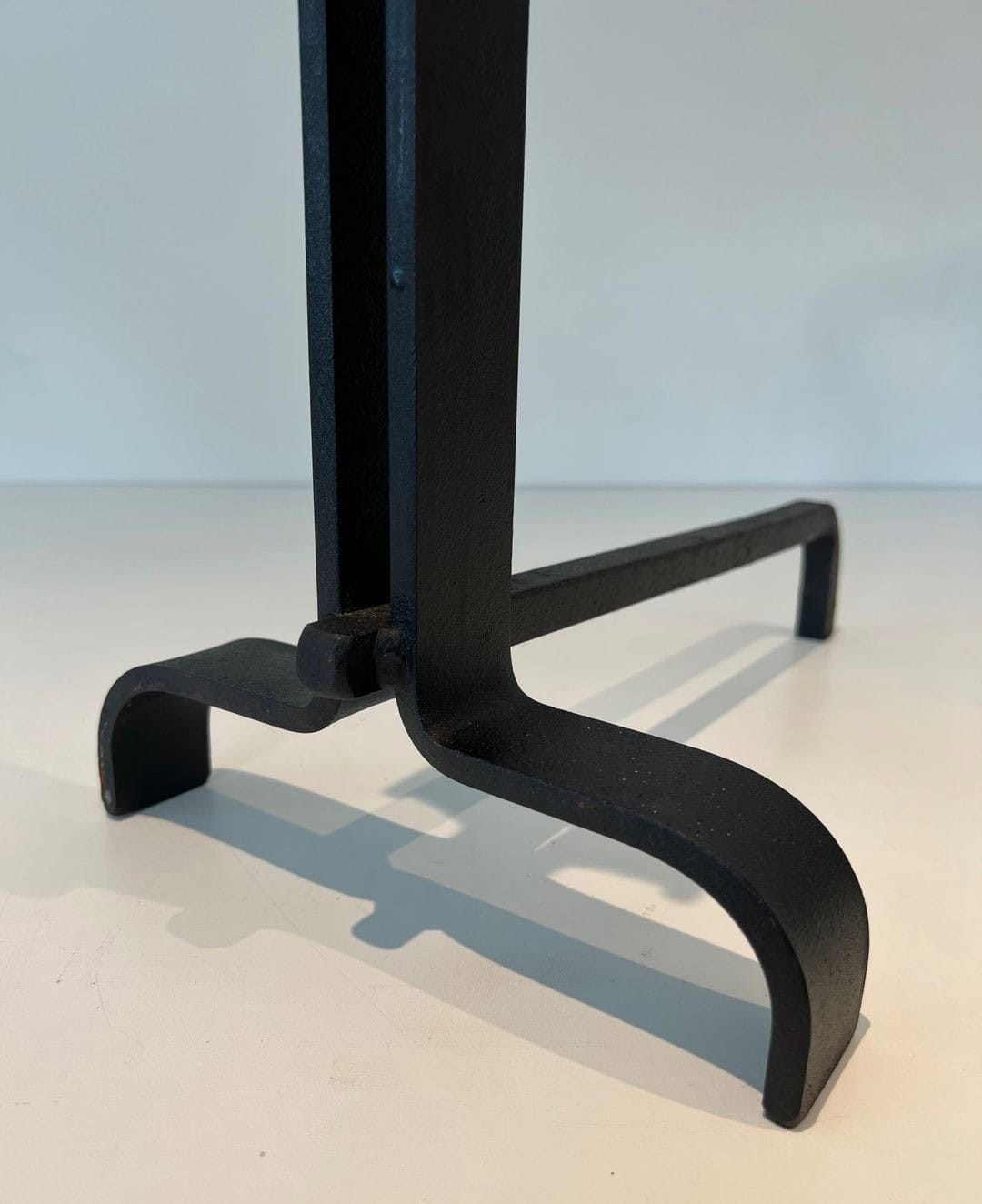 French Wrought Iron Andirons in Geometric Modernist Style - Base Detail - Styylish