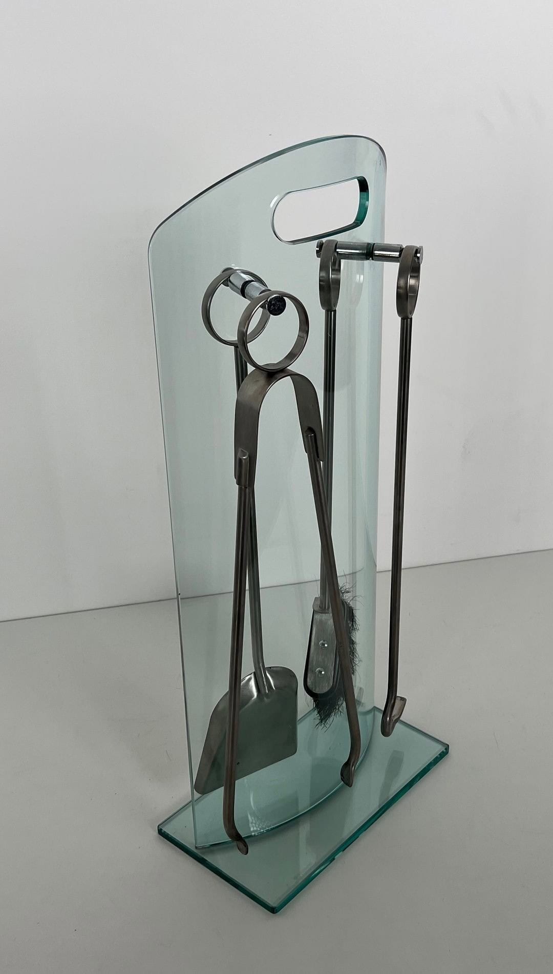 1970s French Tempered Glass Fireplace Companion Set - Full View - Styylish