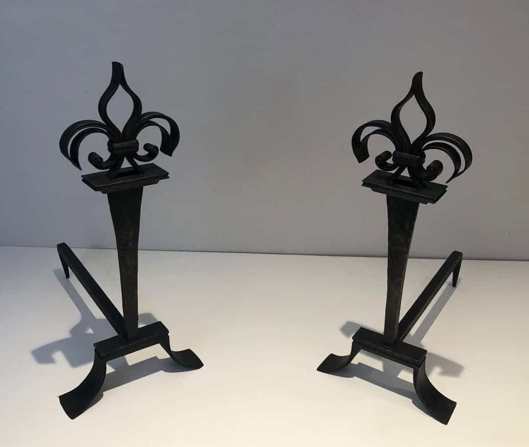 French Wrought Iron Fleur-de-Lys Andirons - Pair View - Styylish