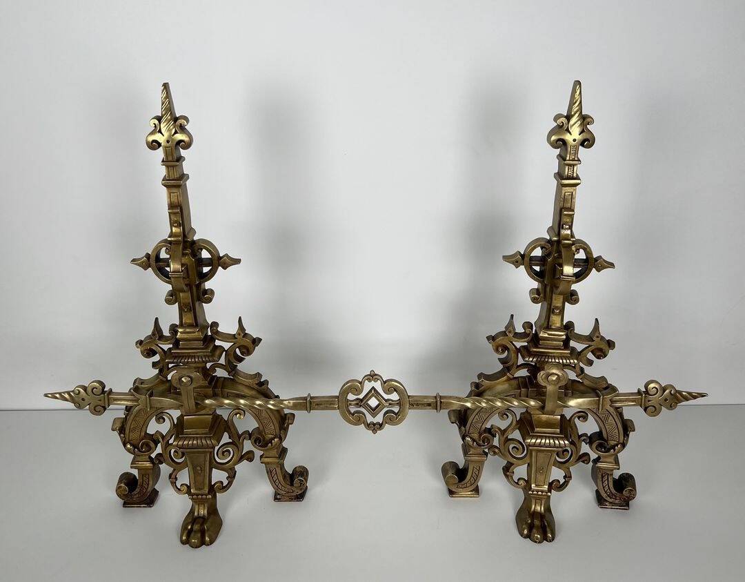 French Neo-Renaissance Bronze Fireplace Andirons - Wide View - Styylish