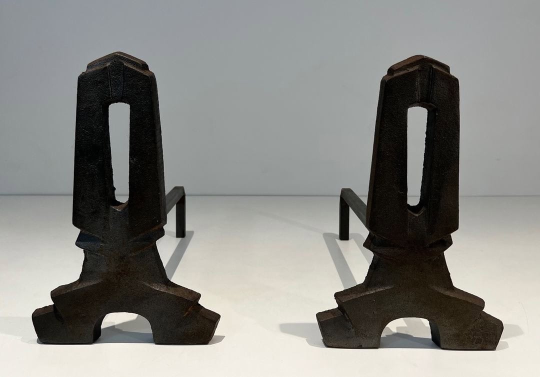 French Modernist Cast Iron Andirons - Pair View - Styylish