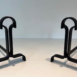 French Wrought Iron Andirons in Geometric Modernist Style - Pair View - Styylish