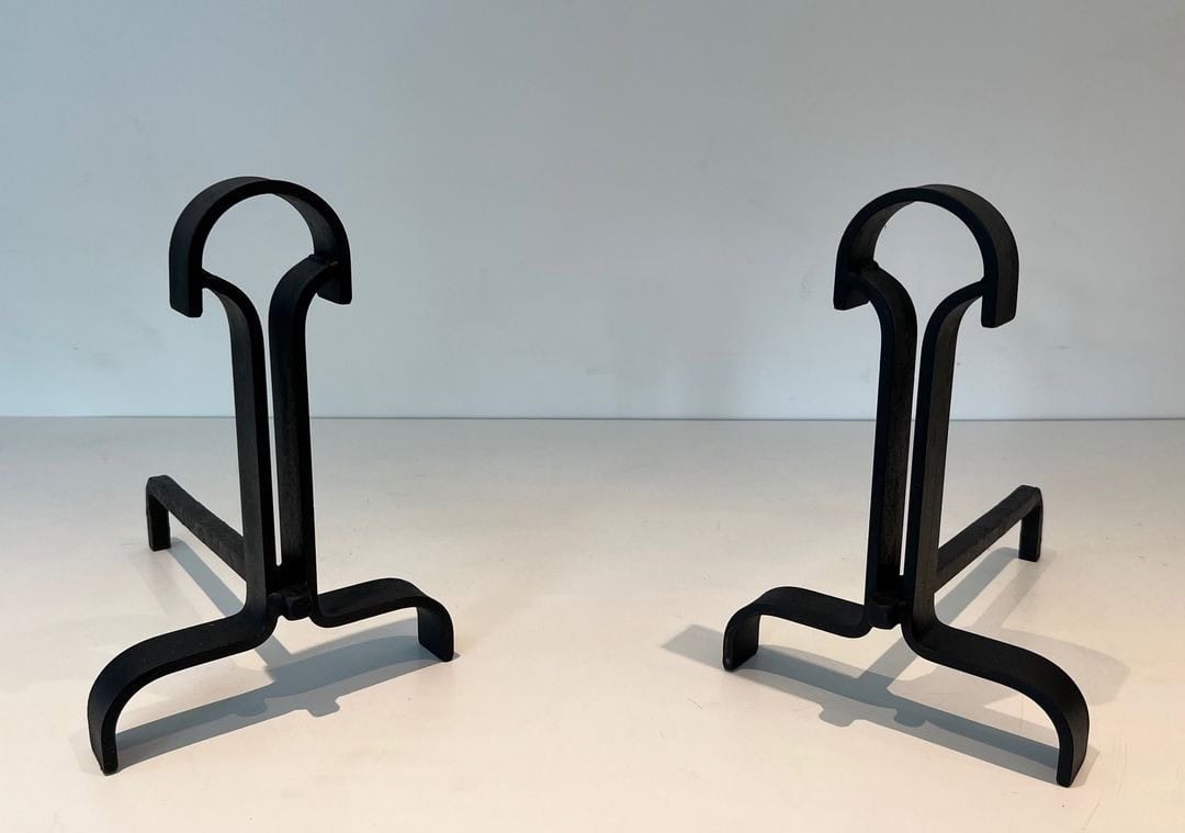 French Wrought Iron Andirons in Geometric Modernist Style - Pair View - Styylish
