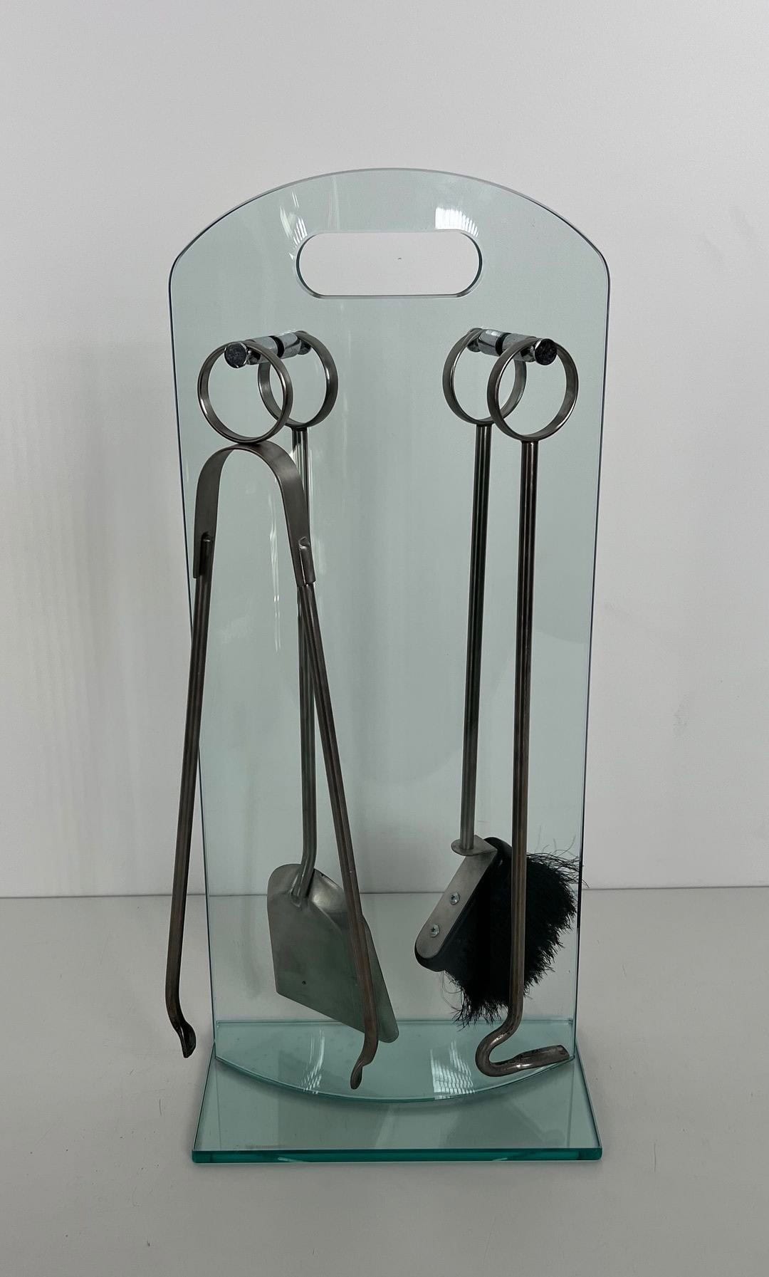 1970s French Tempered Glass Fireplace Companion Set - Full Front View - Styylish
