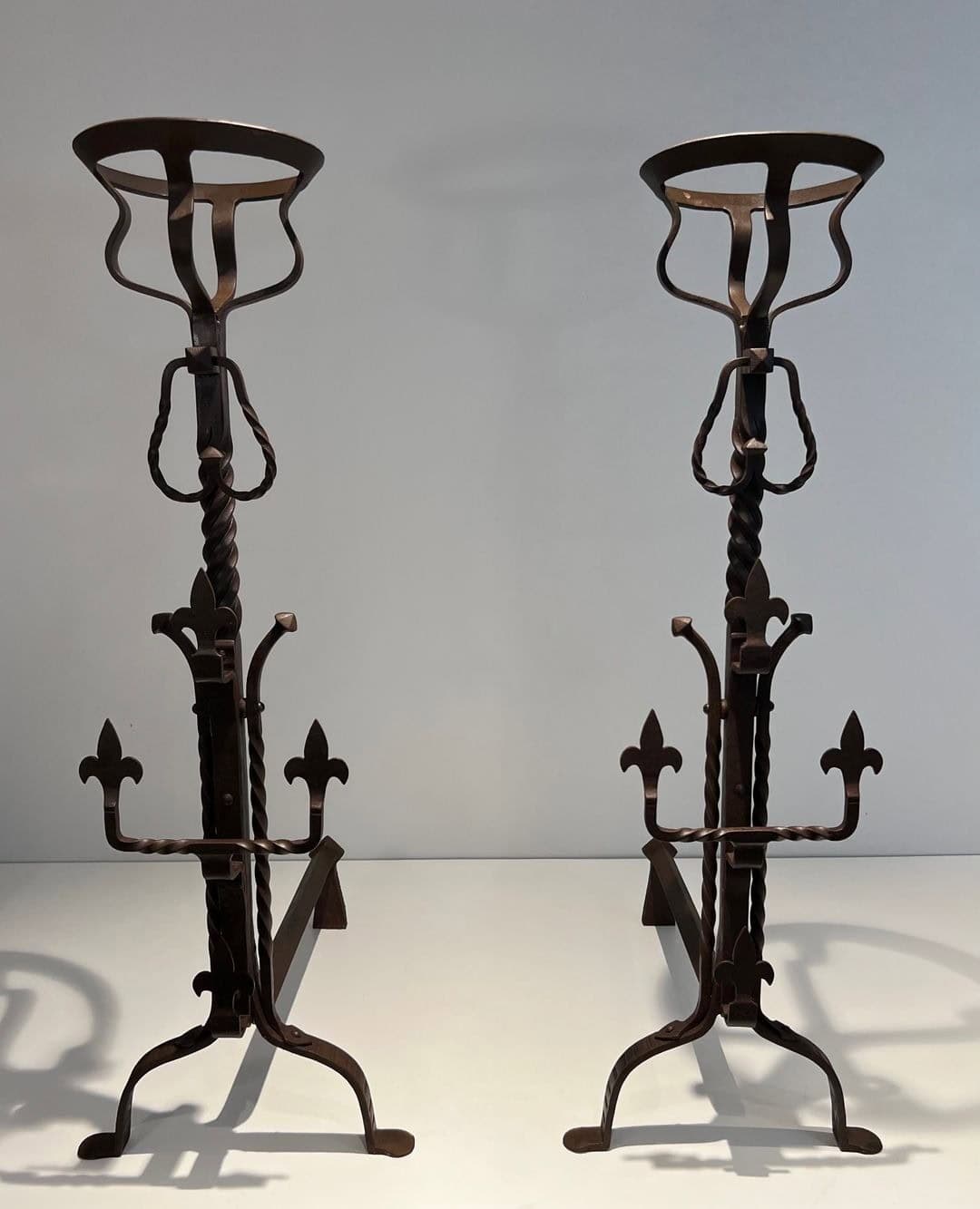 French Gothic Revival Landiers with Fleur-de-Lys - Pair View Two - Styylish