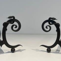 Pair of Art Deco Wrought Iron Serpent Andirons in the Style of Edgar Brandt - Image 12