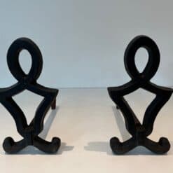 Raymond Subes Attributed Cast Iron Andirons - Front View - Styylish