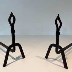 French Modernist Wrought Iron Andirons