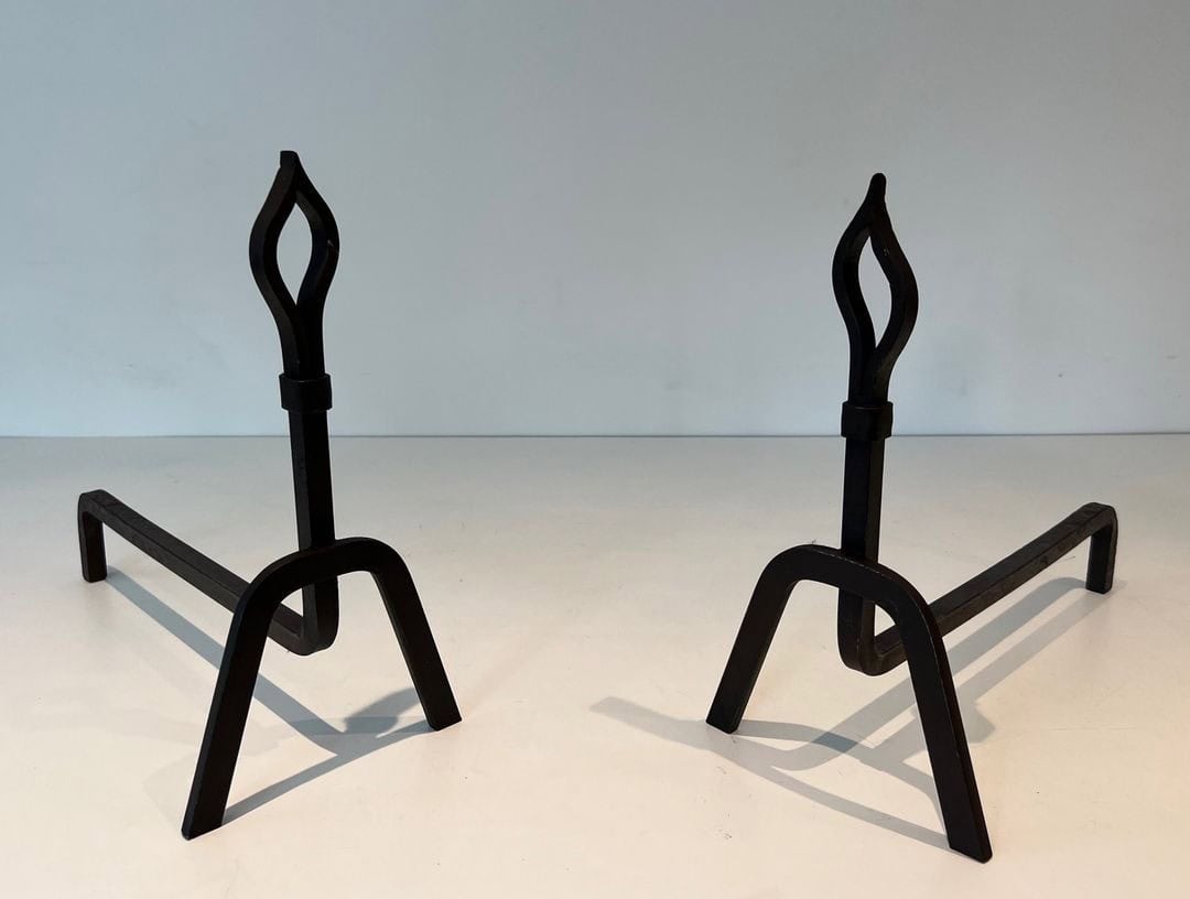 French Modernist Wrought Iron Andirons - Angled View - Styylish