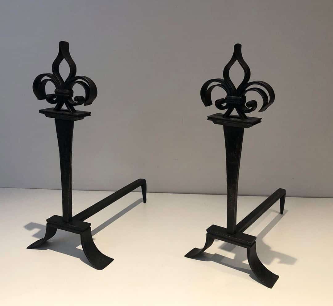French Wrought Iron Fleur-de-Lys Andirons - Angled View - Styylish