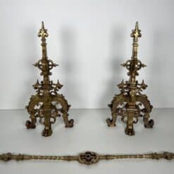 French Neo-Renaissance Bronze Fireplace Andirons - Front View with Bar - Styylish