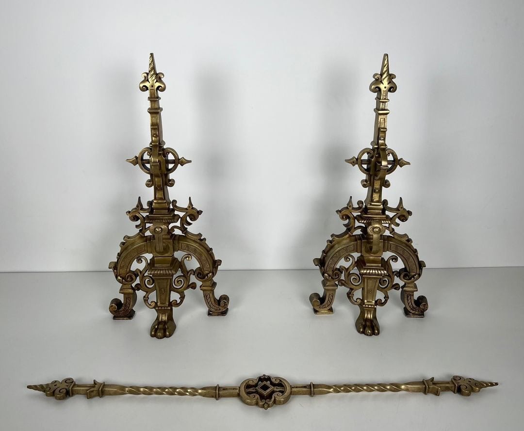 French Neo-Renaissance Bronze Fireplace Andirons - Front View with Bar - Styylish