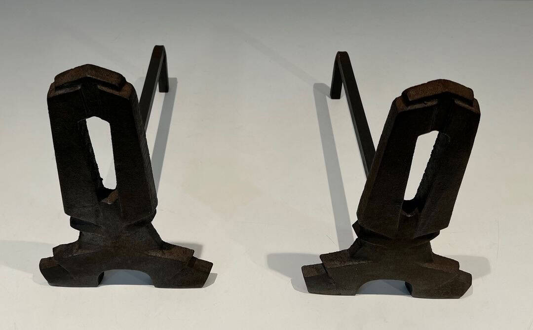 French Modernist Cast Iron Andirons - Top View - Styylish