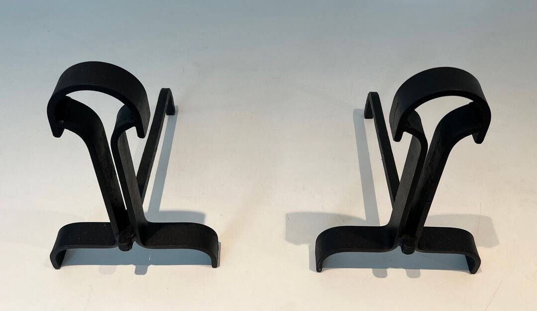 French Wrought Iron Andirons in Geometric Modernist Style - Top View - Styylish