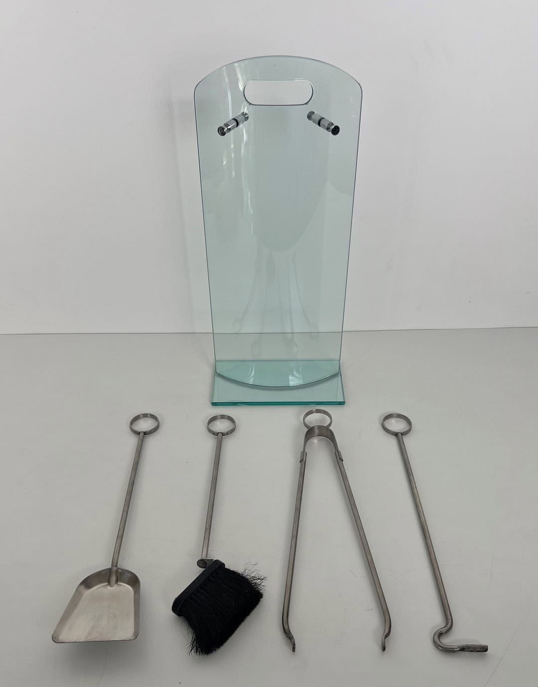 1970s French Tempered Glass Fireplace Companion Set - All Tools View - Styylish