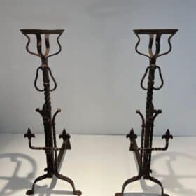 French Gothic Revival Landiers with Fleur-de-Lys