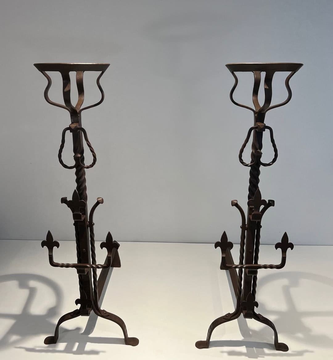 French Gothic Revival Landiers with Fleur-de-Lys - Front View - Styylish