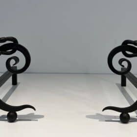 Pair of Art Deco Wrought Iron Serpent Andirons in the Style of Edgar Brandt