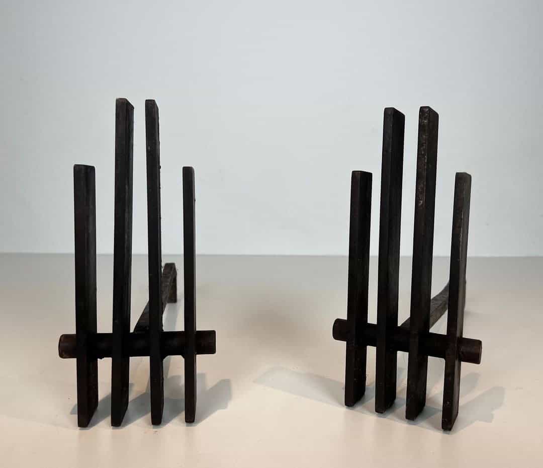 French Brutalist Steel Andirons, Mid-Century, 1950s - Image 3